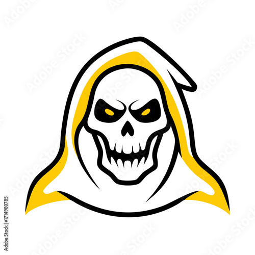Illustration of a grim reaper skull with yellow accents and a white hooded cloak on a white background