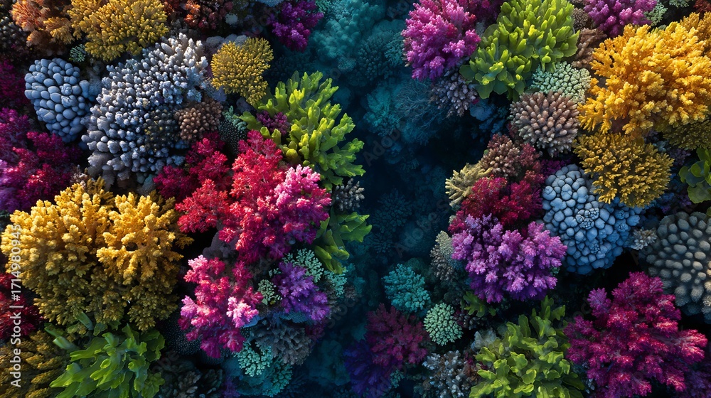 Fototapeta premium Vibrant coral reef teeming with colorful corals in various shapes and sizes.