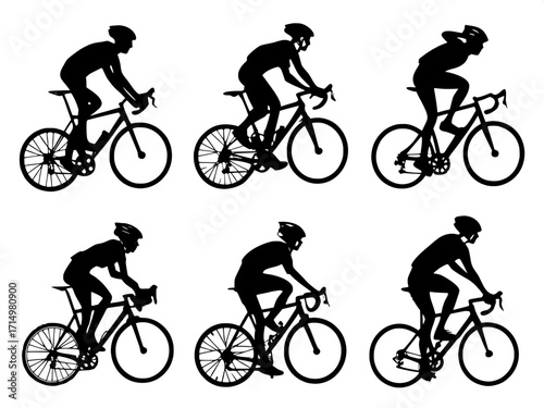“Minimalist cycling silhouettes: sixteen helmeted riders in action, bold black shapes against white, depicting motion such as sprinting, climbing, and victory poses.”
