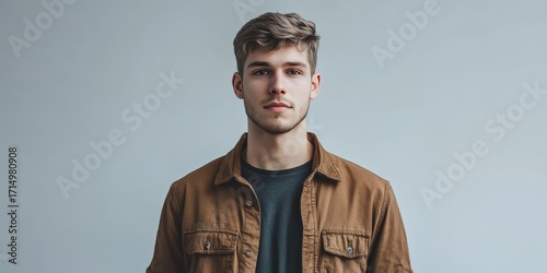 Stylish Young Man in Casual Outfit Posing Against a Minimalist Background