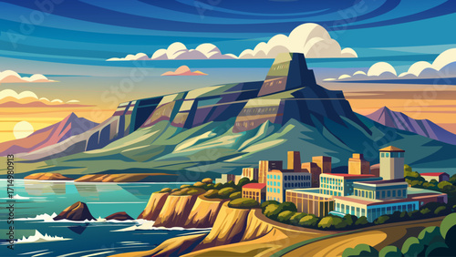 Table Mountain in Cape Town, flat-topped iconic peak overlooking city and ocean, surrounded by clouds and dramatic cliffs