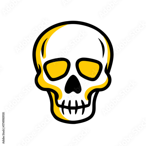 A cartoonish skull with yellow accents and black outlines on a white background is centered here