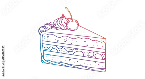 Colorful rainbow gradient line art drawing of a layered cake slice with a cherry on top.