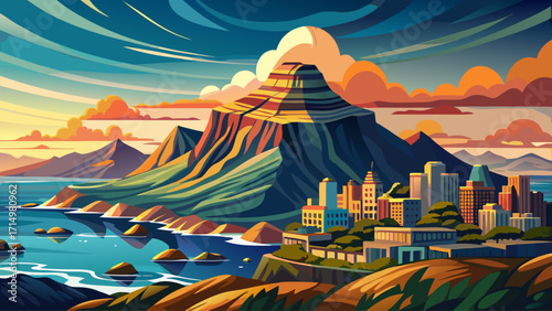 Table Mountain in Cape Town, flat-topped iconic peak overlooking city and ocean, surrounded by clouds and dramatic cliffs