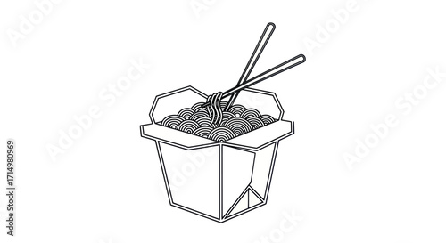 Line Art Illustration of Chinese Takeout Box with Noodles and Chopsticks.