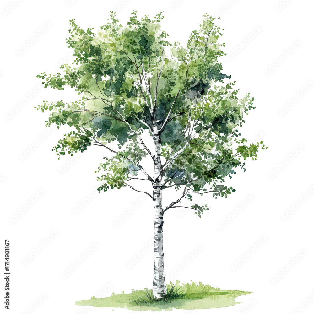Fototapeta premium Birch tree illustration watercolor style, Elegant watercolor illustration of a birch tree, highlighting its tall, slender form and bright green leaves, isolated on transparent background