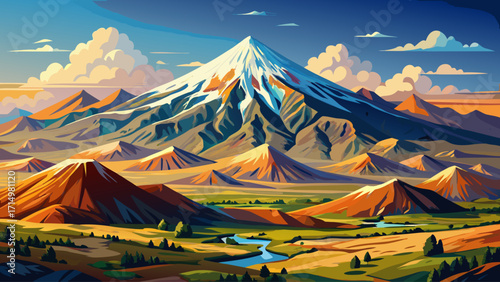Mount Ararat in Turkey, snow-covered volcanic peak, legendary mountain with biblical history, rising above vast plains