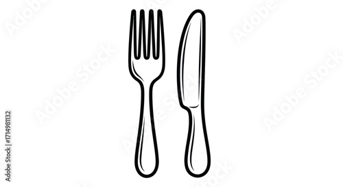 A simple black and white line art illustration of a fork and knife cutlery set.