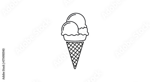 Simple Line Art Double Scoop Ice Cream Cone.