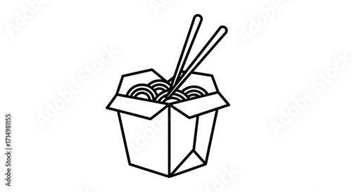 Chinese takeout box with noodles and chopsticks line art icon.