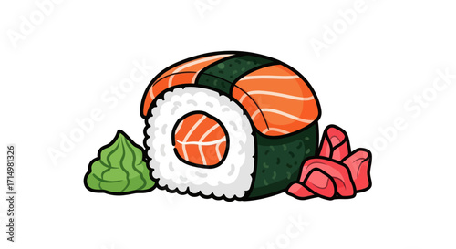 Salmon Sushi Roll with Wasabi and Ginger Traditional Japanese Cuisine.