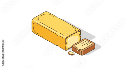 Isometric illustration of a sliced loaf of yellow bread with a brown crust and crumbs.
