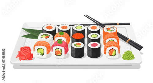 Assorted Sushi Rolls on a White Plate with Chopsticks and Garnishes.