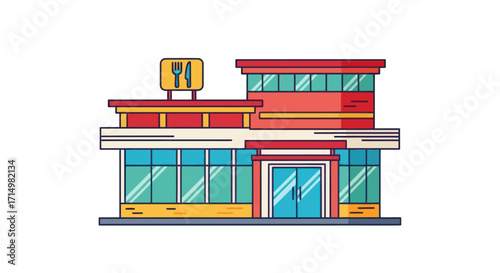 Colorful Cartoon Restaurant Building with a Prominent Fork and Knife Sign.