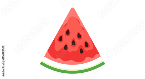 A simple flat vector illustration of a juicy red watermelon slice with black seeds and a green rind.