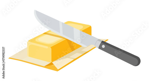 Block of Butter with Knife Dairy Product Illustration.