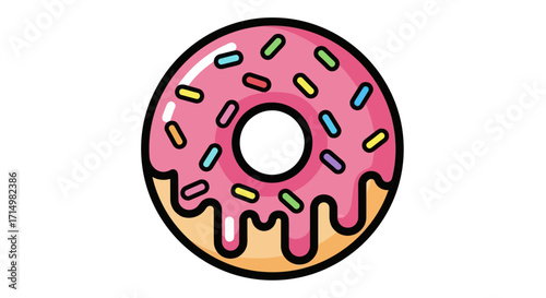 Cartoon Donut with Pink Frosting and Colorful Sprinkles.