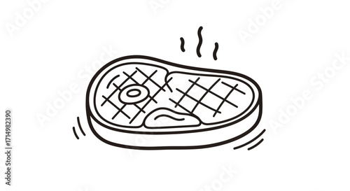 Simple black and white line art illustration of a hot sizzling grilled beef steak with a bone and grill marks.