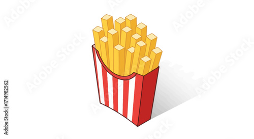 A box of golden french fries with red and white stripes.