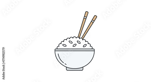 Simple Line Art Bowl of Cooked Rice with Chopsticks.