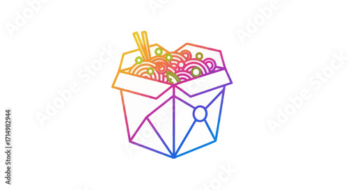 Colorful Takeout Box Filled with Noodles and Chopsticks Line Art Style.