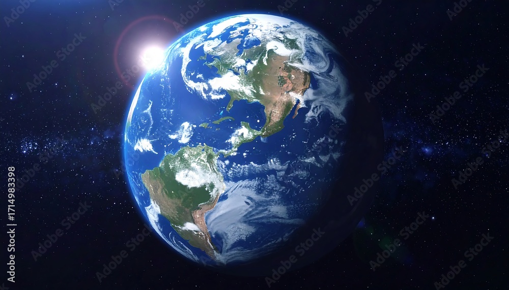 Obraz premium A vibrant depiction of planet Earth, bathed in sunlight against a backdrop of stars, with detailed continents