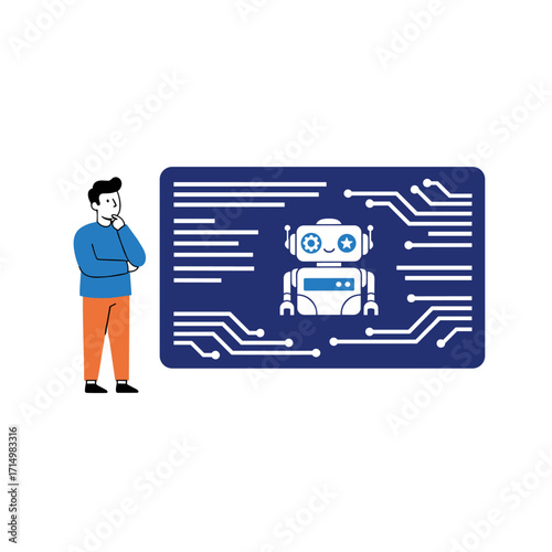 Concept of reviewing  code, guaranteeing precise and efficient programming, where a human programmer examines AI-written code, depicted as a vector illustration on a white background with icons