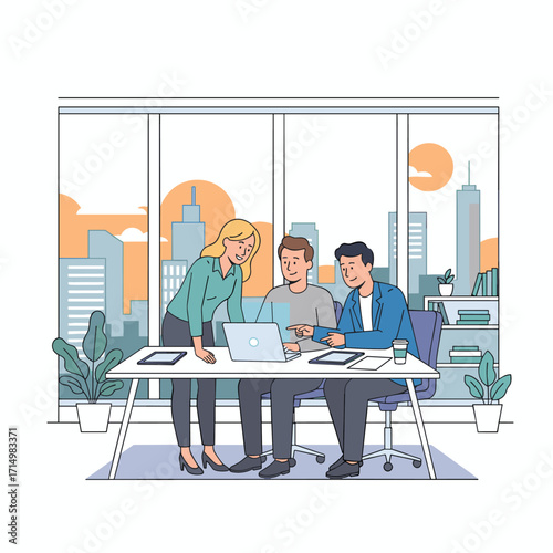 A smiling administrator holds a laptop and talks with coworkers while applying machine learning techniques, turning data into predictive models on a notebook, captured by camera B