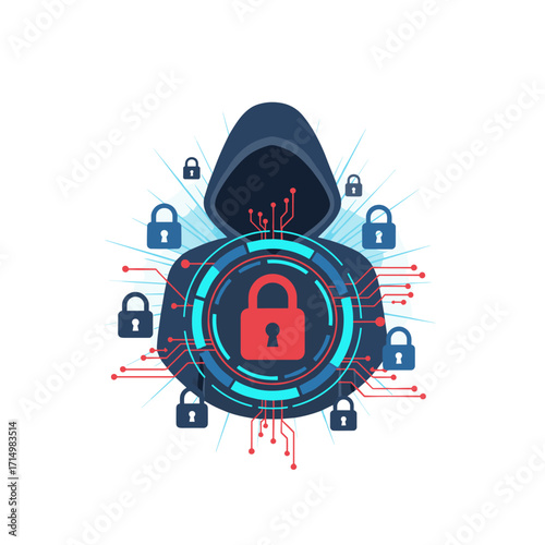 Portrait of a hooded hacker with a red glowing protective shield and padlock icon HUD, double exposure, depicting a cyberattack concept, global protection, and system alert