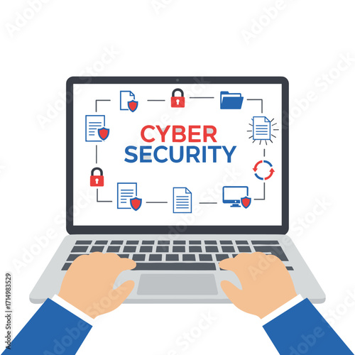 The laptop screen of a cybersecurity awareness simulation displays a digital illustration of data protection concepts, featuring padlocks and folders