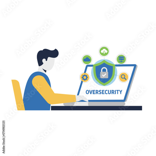 A businessman safeguards personal data on his computer using cybersecurity and privacy principles, employing lock icons, internet network security technology, and virtual screen interfaces