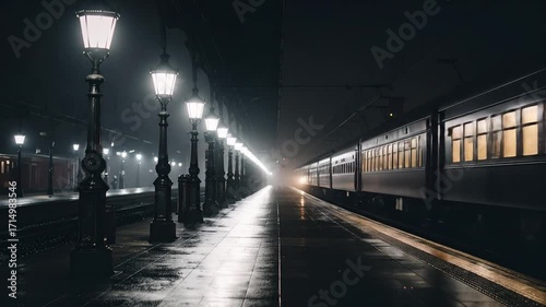 A train sits at a foggy station platform illuminated by vintage-style lampposts at night.