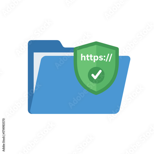 Illustration of a secure website: a browser window with a shield and HTTPS text, symbolizing SSL encryption, data protection, cybersecurity, and safe internet browsing, along with UI design, landing