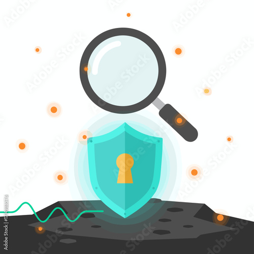 A cybersecurity-themed magnifying glass with a shield that displays detection and response
