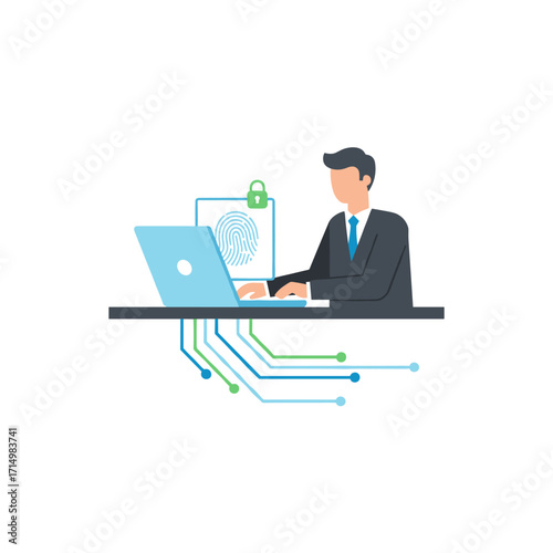 A businessman uses a fingerprint scanner on his laptop to access a cybersecurity network, illustrating the future concept of secure technology information and cybernetic business