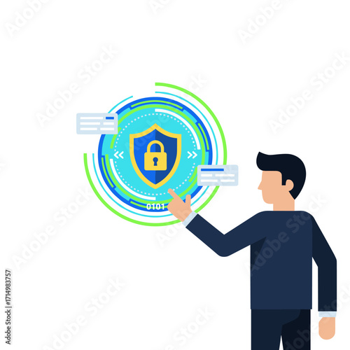 A close-up of a woman operating a futuristic digital security interface featuring a lock and shield hologram, representing cybersecurity against a blurred backdrop