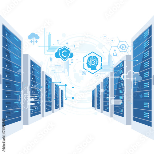 A lit corridor lined with LED‑lit server cabinets in a data center, overlaid with graphics, embodies technology, cybersecurity, data, infrastructure, connectivity, digital, and a futuristic feel