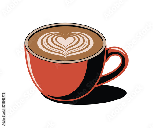 Red cappuccino mug with latte art heart coffee