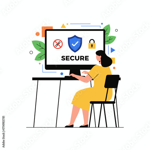 A woman interacts with a computer screen displaying a browser window and a lock, illustrating the idea of web security software, cybersecurity services, and antivirus programs for online protection