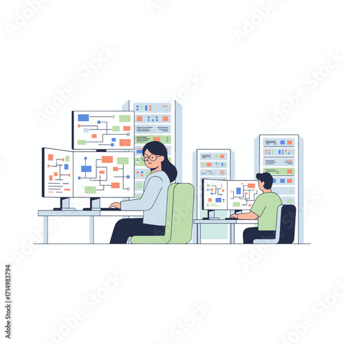 Over-the-shoulder footage shows a female IT engineer working in a monitoring room, operating multiple displays