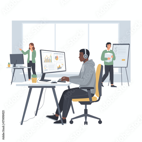 A cybersecurity specialist dons headphones, tunes into music while tracking security incidents that impact the server hub network, while a developer listens to songs in the data center, safeguarding