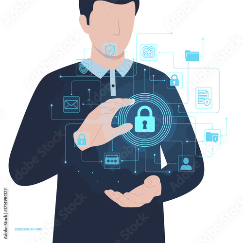 Holographic security icons and a lock hovering over hands, representing trust and cybersecurity safeguards