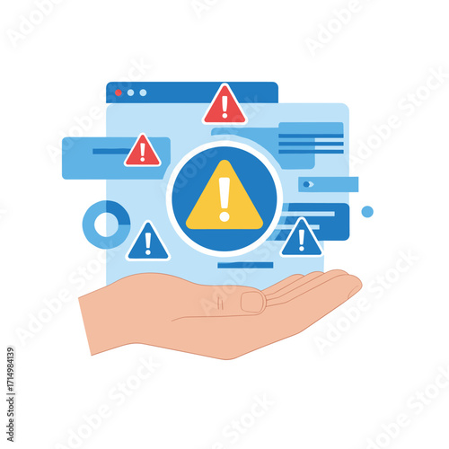 A concept of a system warning alert featuring a hand clutching a luminous warning icon, representing cybersecurity threats, data errors, malware, and digital system failures in a technological