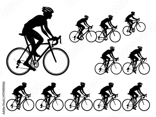 “Sixteen black silhouette road cyclists in motion, shown from different perspectives, emphasizing action and form, minimalist vector-style composition, white background.”