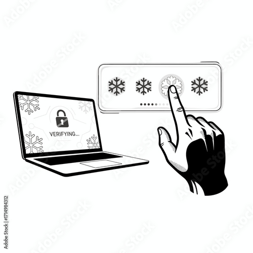 A modern halftone collage featuring a human hand holding a PIN code on a laptop screen, illustrating password authentication and safeguarding personal data online with contemporary vector art