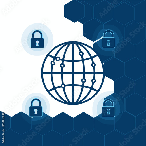 Cybersecurity technology and data privacy create a world encircled by locks, demonstrating a system that prevents theft and cyber attacks while protecting against internet viruses