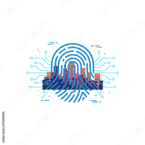 Urban skyline featuring a holographic fingerprint overlay, illustrating digital cybersecurity against a city backdrop