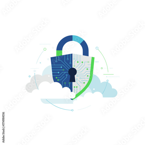 A translucent padlock icon hovers over clouds, accompanied by a world overlay and network nodes, illustrating cybersecurity, data protection, digital infrastructure, cloud computing, network