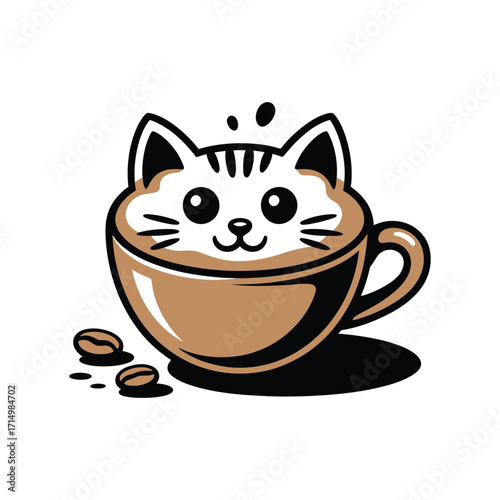 Cute cat face in coffee cup with beans vector