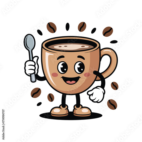 Cheerful coffee cup character holding spoon with coffee beans